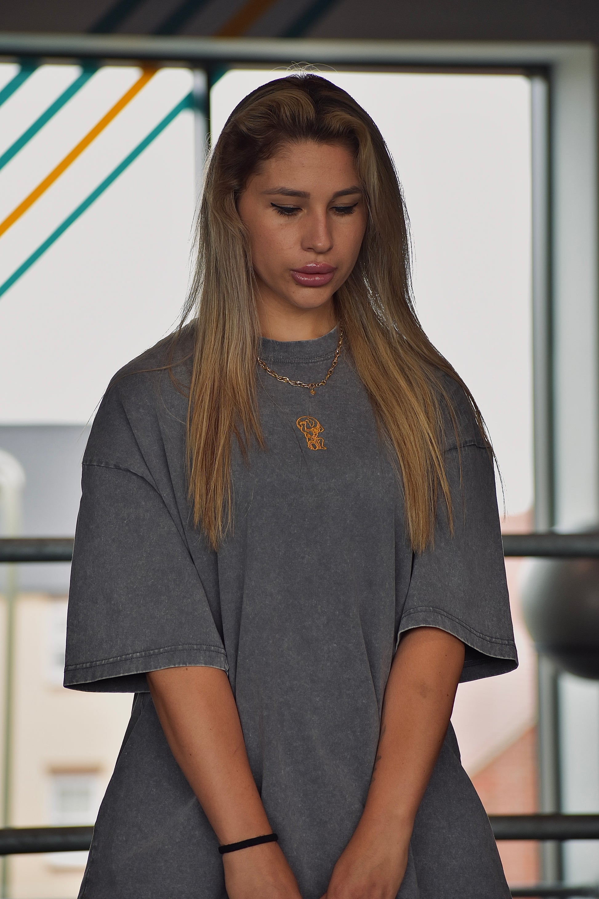 Cream/Grey/Black Oversized T Shirt with Embroidered Logo